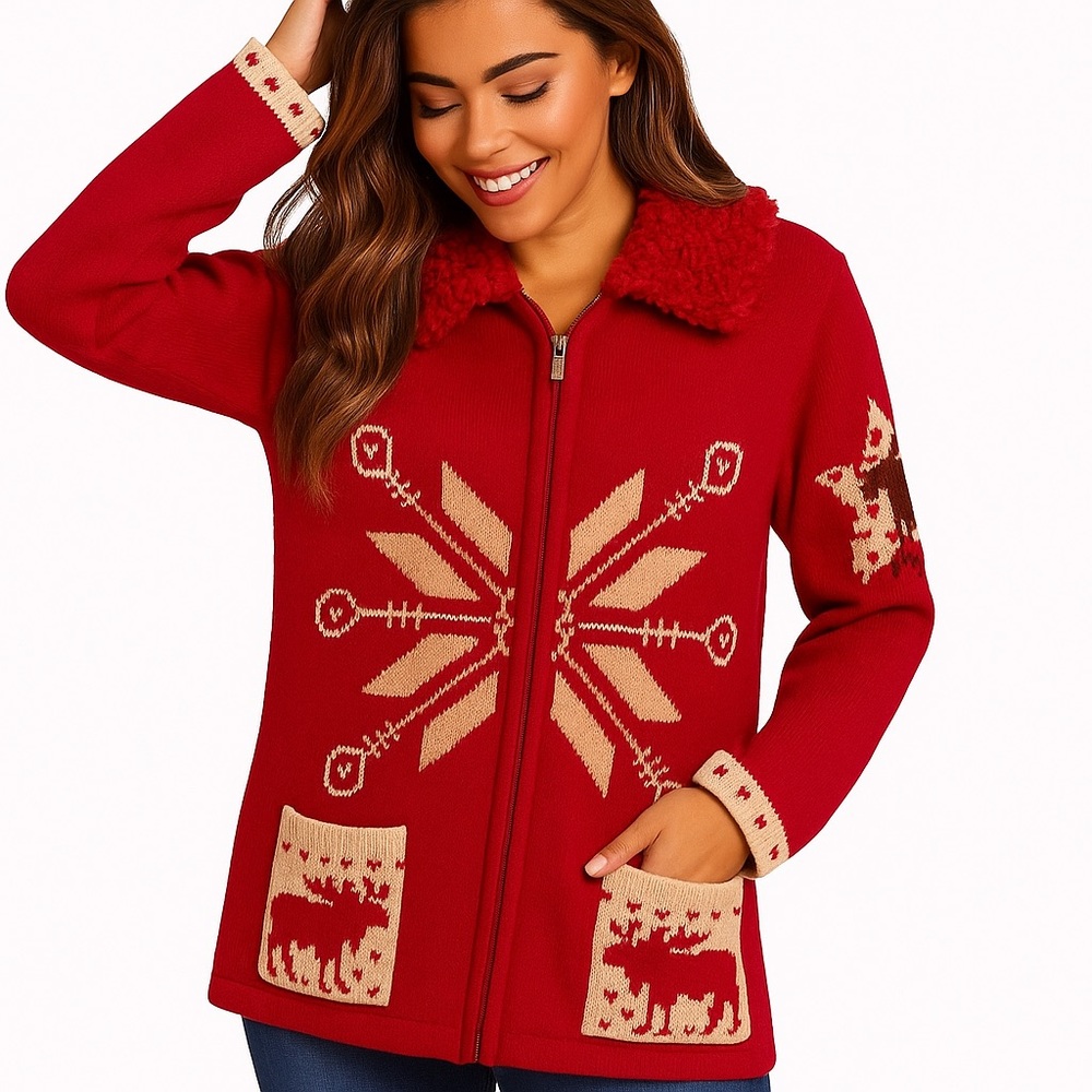 VINTAGE STORYBOOK KNITS Cardigan Hand Knit Winter Moose Holiday Red Cream NWOT